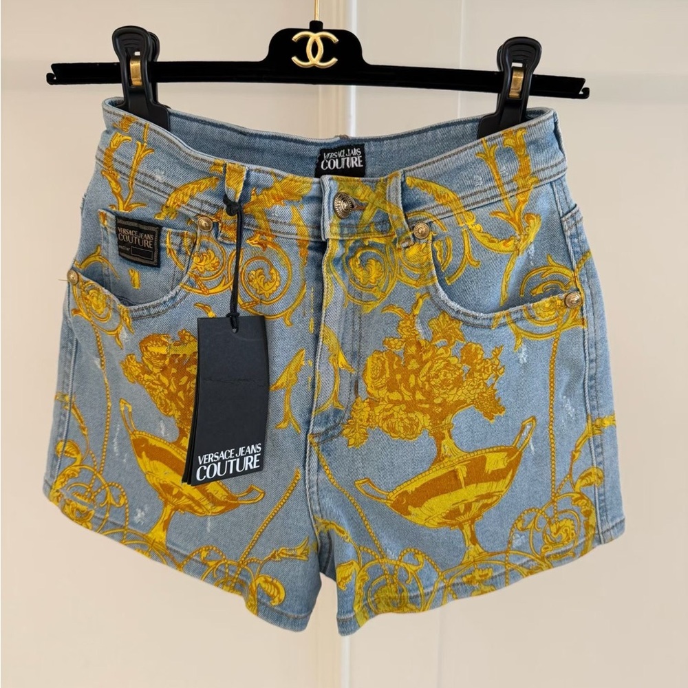 🚩steal authentic Versace Jeans Couture Blue Shorts with Gold Accents